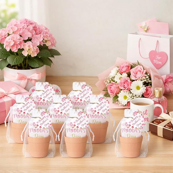 Ctosree 50 Sets Happy Mother's Day Gift Thank You Seed Packets Include Self Adhesive Seed Packets Flowerpot Thank You Tags Organza Bags for Mother's Day Appreciation Gifts