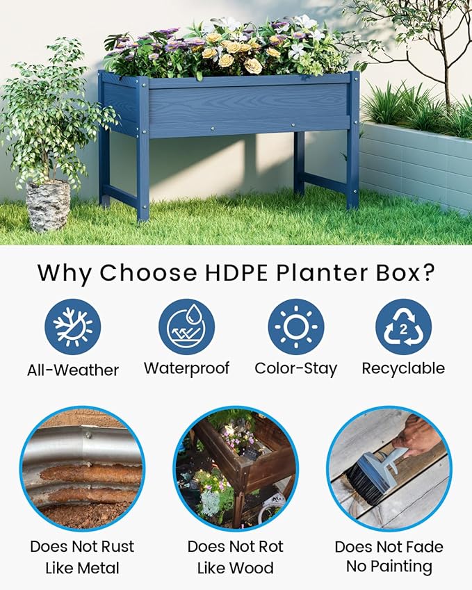 HDPE Raised Garden Bed with Legs, Outdoor All-Weather Elevated Planter Box Raised Beds for Seeds, Herb, Flower, Vegetable (Navy Blue)