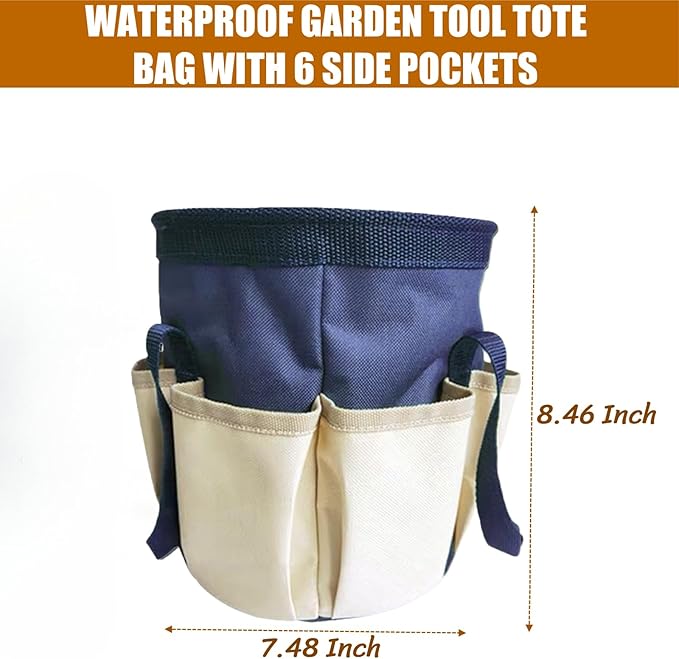 BLIRITEL Garden Tool Organizer, Waterproof Garden Tool Tote Bag with 6 Side Pockets, Outdoor Gardening bucket Bag with Thickened Base and Comfortable Carry Handles (Navy Blue)