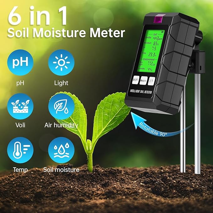 6-in-1 Soil Moisture Meter, 2026 Dual Probe Soil Tester, Moisture/pH/Temperature/Sunlight/Air Humidity/Fertility, Perfect for Farming, Gardening, Lawns, Outdoor (2*AAA Battery Needed)