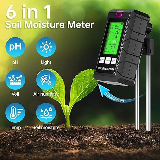 6 in 1 Soil Moisture Meter with pH, Nutrient, Sunlight, Temperature & Humidity for Farming, Gardening and Outdoor Plants Soil Tester (2*AAA Battery Needed)| Factory-Permanent Calibration