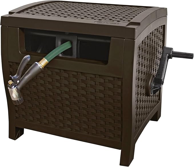 Suncast 175 ft. Wicker Style Resin Hose Hideaway with Hose Guide, Java, Mocha Brown