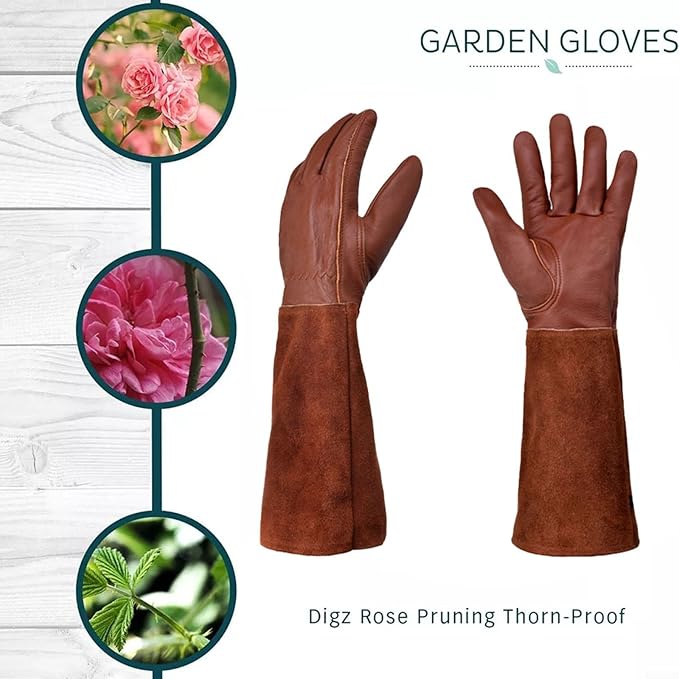 Thorn-Proof Leather Garden Gloves Long Forearm Split Cowhide Goatskin Padded Palm For Men And Women Pruning Roses Yard Work(M)