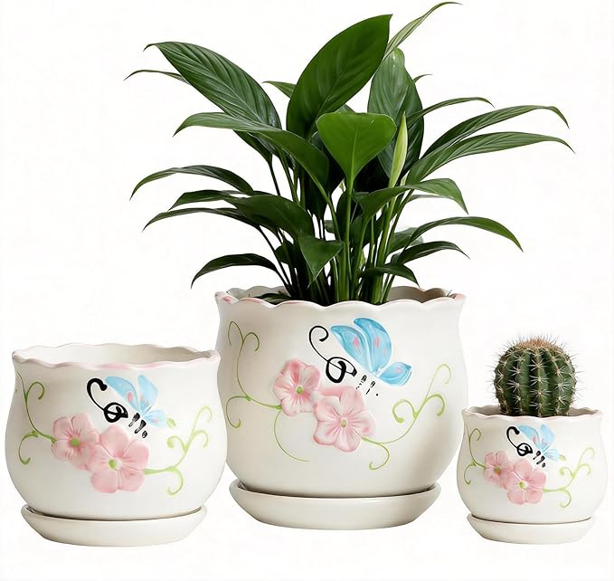 Vintage Flower Pots for Indoor Plant, Round Ceramic Plant Pots with Drainage Holes and Saucers, 6.7/5.2/3.9 Inches Retro Flower Planters Set of 3 (Vintage Butterfly)