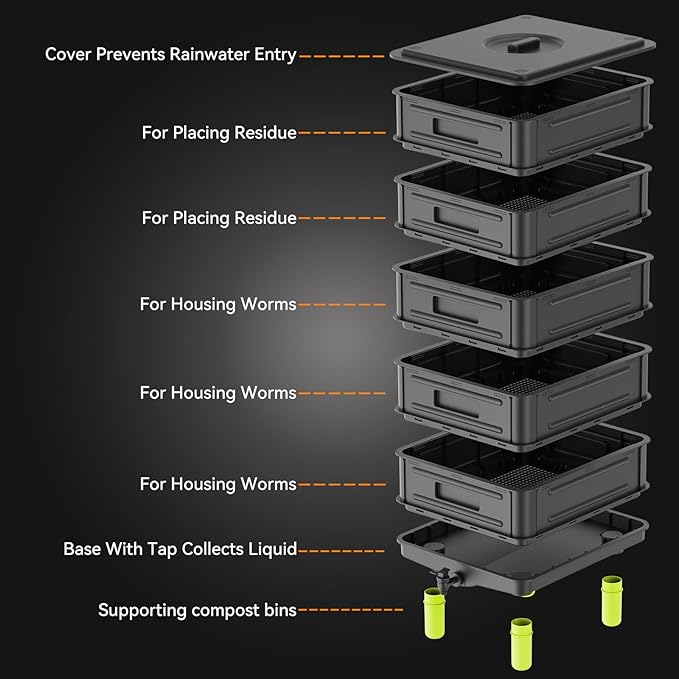 5-Layer Worm Compost Bin, 85L Worm Composter for Indoor & Outdoor, Starter Kits for Vermicomposting Starter, Garden Worm Composting Bin for Recycling Food Waste (Black)