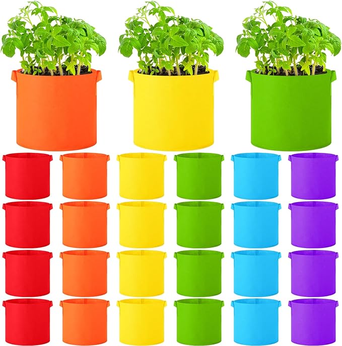 24 Pcs Multicolor Plant Grow Bags Large Grow Bags Fabric Planter Thickened Non Woven Fabric Pots with Handles for Indoor Outdoor Garden Planting Seeds Flower, 6 Colors (7 Gallon)