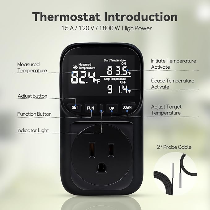 1800W Digital Thermostat for Reptile Tank, -40℉~210℉, Plug in Thermostat for Heater/Greenhouse with 5m/2m Cable, 15A Temperature Controlled Outlet with VA Display, Temp ±0.1°F, Black