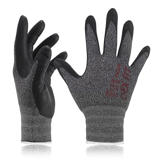 DEX FIT Nitrile Work Gloves FN330, 3D-Comfort Stretchy Fit, Firm Grip, Thin & Lightweight, Touch-Screen Compatible, Durable, Breathable & Cool, Machine Washable; Black Grey S (7) 12 Pairs