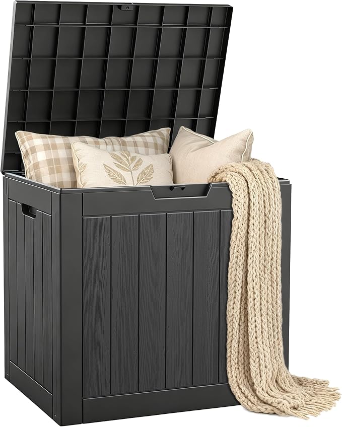 25 Gallon Deck Box, Small Outdoor Storage Box Waterproof, UV-Resistant and Weatherproof Outside Resin Storage Bin for Outdoor Patio Furniture Pillows, Pool Supplies, Garden Tools, Black
