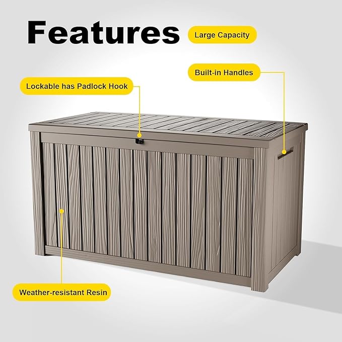 200 Gallon Outdoor Storage Deck Box Lockable Waterproof Resin Outside Bench UV Resistant Bin Patio Porch Furniture Pool Float Garden Tool Cushion Grey