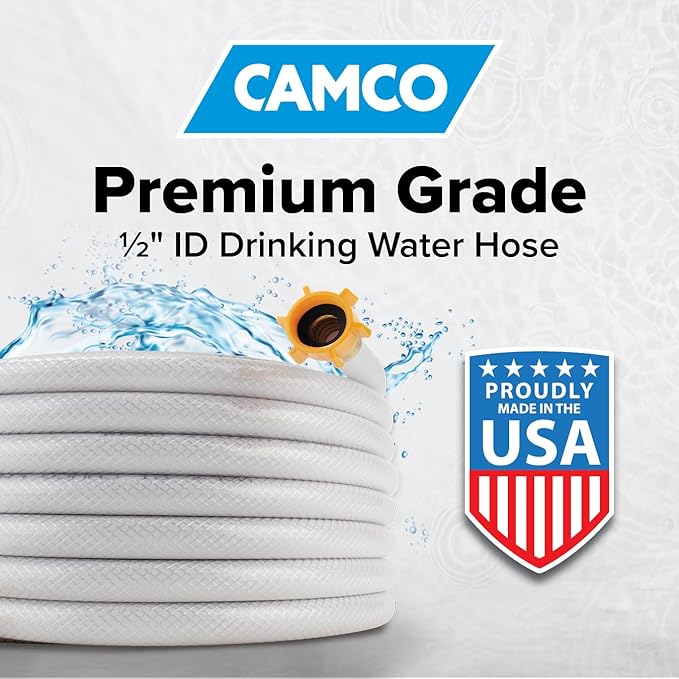 Camco TastePURE 25-Ft - RV Drinking Water Hose - Contains No Lead, No BPA & No Phthalate - Features Reinforced Design & Crafted of PVC - 1/2” Inside Diameter, Made in the USA (22735)