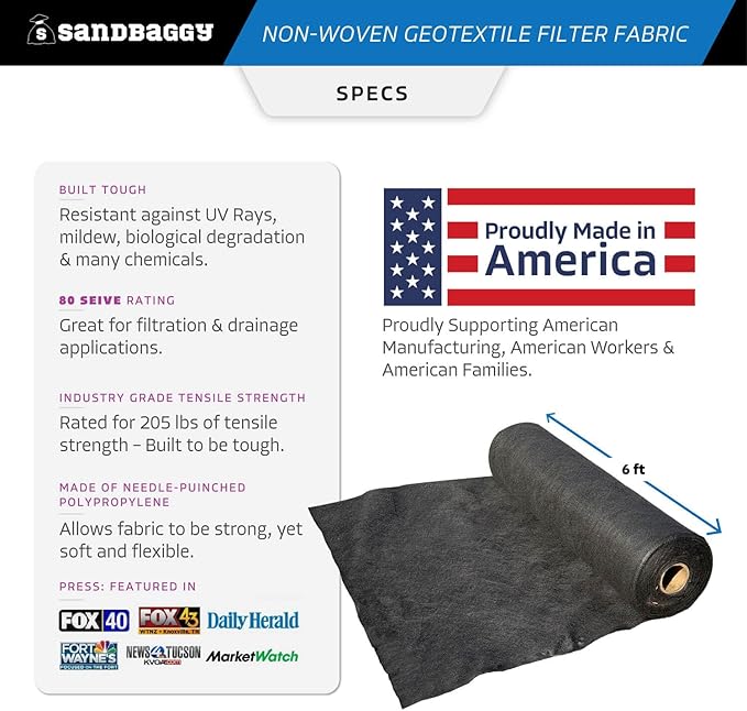 Sandbaggy Non Woven 8 oz Geotextile Landscape Fabric | Industrial Grade Fabric | 205 Lbs of Tensile Strength | UV Protected from Sun Exposure | Approved by DOT (6 ft x 300 ft Roll), Black
