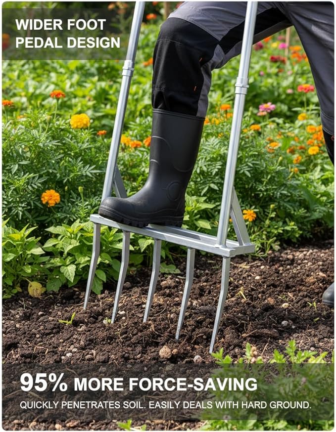 5-Tine Heavy Duty Broadfork, Rust-Resistant Professional Garden Fork with Widened Foot Pedal, High-Strength All-Steel Soil Tiller for Aerating Clay Soil, Easy Assembly Tool for Farming