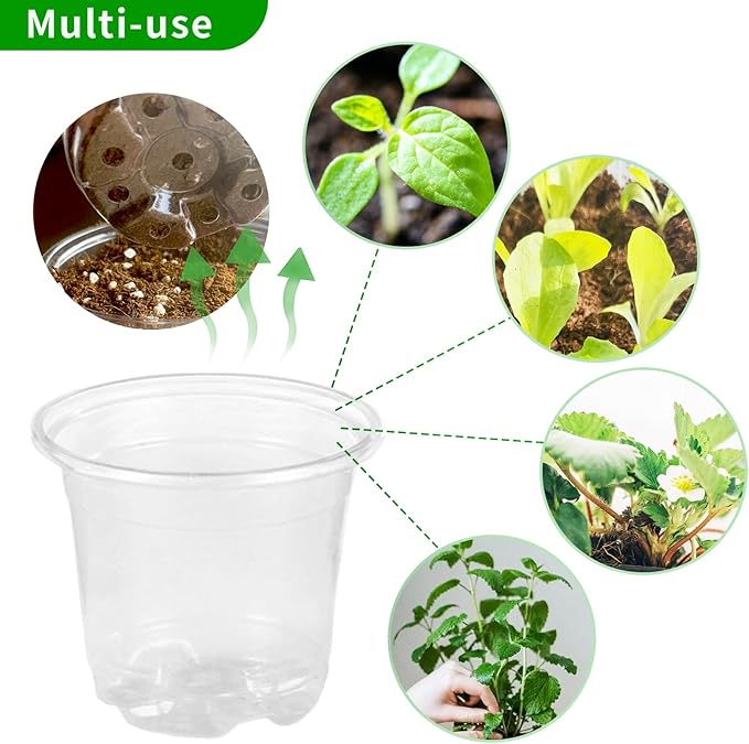 JOPY Plant Nursery Pots with Humidity Dome Seed Starter Pots Seedlings Planting Pots Small Planter Containers with Drainage Holes (Transparent, 5/6/7 inch-30Pcs)