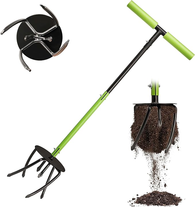 Hand Tiller Cultivator, Manual Twist Tiller with Sharp Arrow Tines, Extra-Wide Foot Plate Tills Effortlessly, Manual Tiller for Gardening, Soil Loosening, Flower Beds & Raised Beds