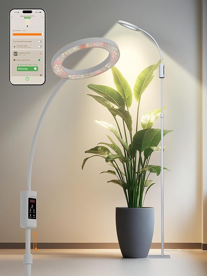Smart Grow Lights for Indoor Plants,24W Plant Light with Auto-Timer,Full Spectrum LED Grow Light, Adjustable Height & Stepless Dimming,Plant Assistant Suitable for Most Plants (White, 24W)