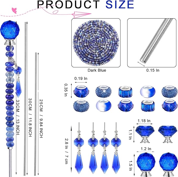 121 Pcs DIY Fairy Wand Beaded Garden Stakes Kit, Fairy Wands Garden Kit Dark Blue Large Hole Bead with Pendants Crystal Stopper Top Threaded Rod Beaded Garden Stakes Supplies for Outdoor Decorative