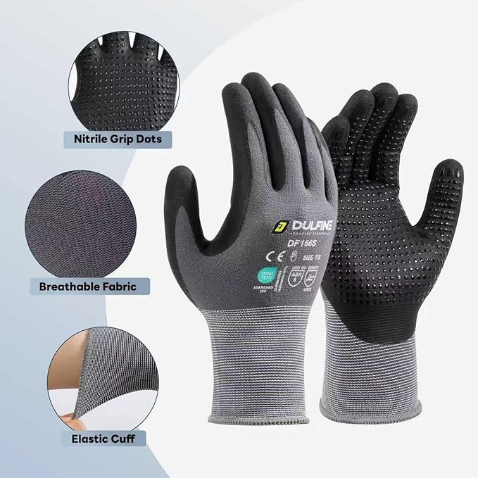 DULFINE Work Gloves for Men and Women,Grey Nylon with MicroFoam Nitrile Coated-12 Pairs Pack, Dots on Palm for Anti-slip and Extra Abrasion Resistant(Extra Large)