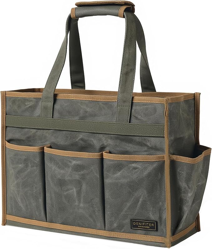 Canvas Large Tool Bag - A Large Main Pocket and 14 Insert Pockets - Durable 16oz Waxed Canvas Tool Case with Handle - 16.5 X 7 X 12 inch | ArmyGreen