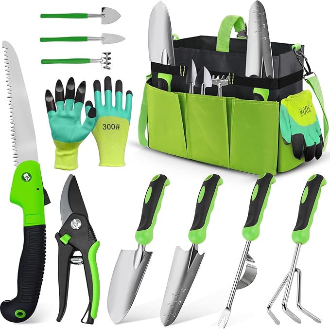Gardening Tools Set of 11, Heavy Duty Stainless Steel Garden Hand Tools with Tote Bag, Rust-Proof Ergonomic Gardening Kit Gifts for Women Men Plant Lover