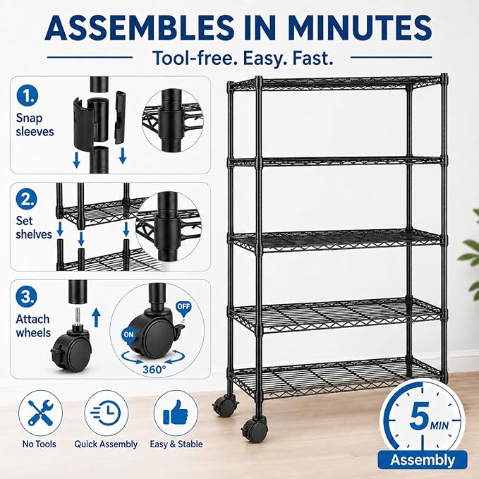 Simple Deluxe 5-Tier Heavy Duty Adjustable Shelf with Wheels, 23.23”W x 13.39”D x 59.45”H,Metal Storage Rack, Easy Tool-Free Assembly for Garage, Warehouse, Basement, Laundry, Black