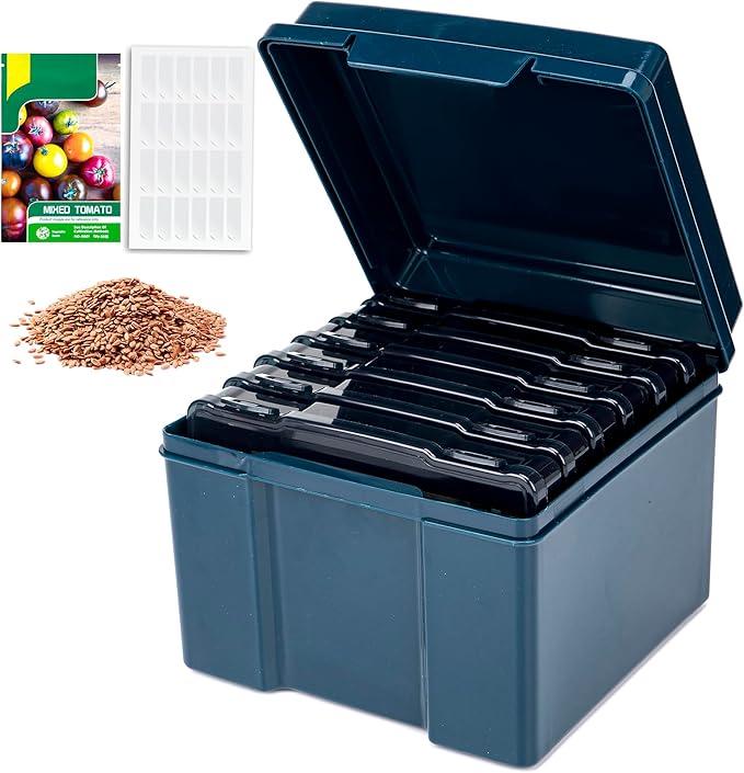 Dark Green Seed Storage Box with 6 Inner 57 Inch Small Boxes, Portable Tool Storage Box for Fishing, Garden Seed Packet Storage Organizer with Label Stickers