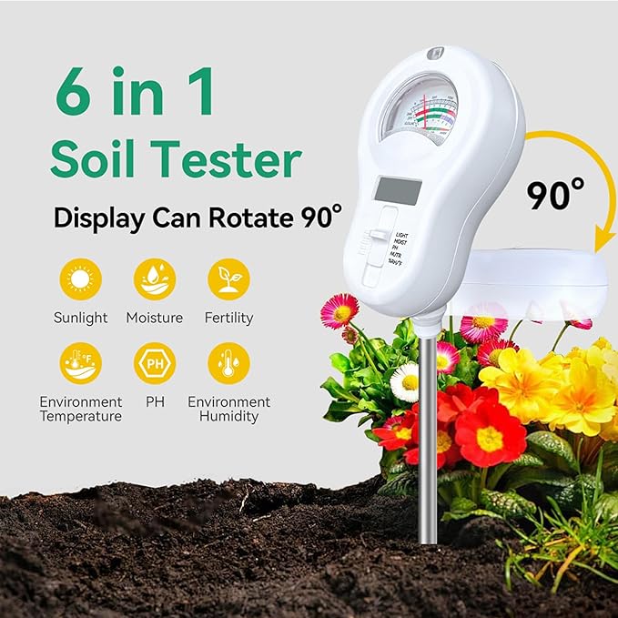 6-in-One Soil Test Kit-Soil Moisture Meter/PH Meter/Fertility/Sunlight Intensity Soil Tester, Dual Screen Meter Display & Rotatable Head for Indoor&Outdoor Plants, Lawn&Farm