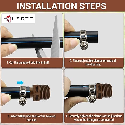 LECTO 1/2" MPT Drip Irrigation Adapter – Fits 1/2" & 5/8" Drip Tubing, Barbed Connector with Stainless Steel Clamp, UV-Resistant (1 Pack)