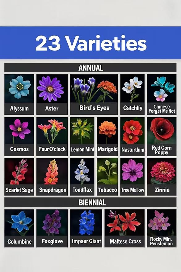 Wildflower Seeds Mix – 7500+ Non-GMO Flower Seeds for Planting, 1oz Bulk Pack, 23 Varieties for Hummingbird & Butterfly Garden, Covers 100 Sq Ft – Pollinator Friendly by Loseedsoo