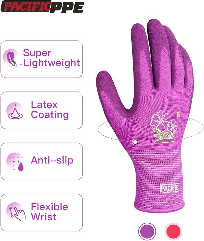 PACIFIC PPE 6 Pairs Gardening Gloves for women and Ladies, Rubber Coated Garden Gloves, Outdoor Protective Work Gloves, Medium Size fits Most, Purple & Red