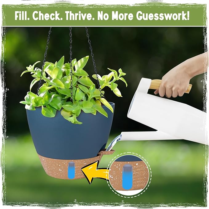 Self-Watering Hanging Planters with Water Level Window, 8/10 Inch Indoor Outdoor Hanging Plant Pots Includes Chain Hangers with Drainage Holes & Detachable Reservoir (Blue, 8+10 inch)