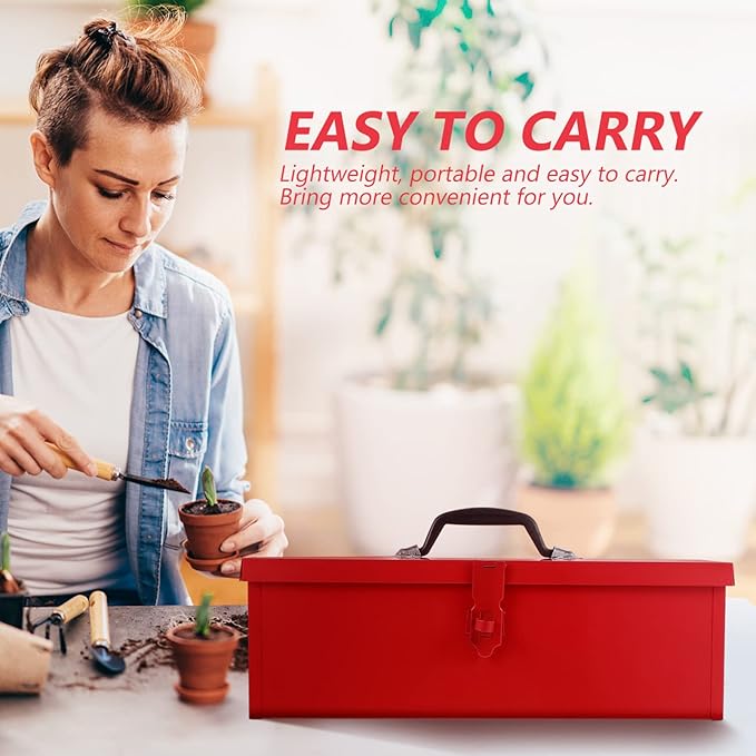 DOITOOL Red Metal Tool Box Iron Sheet Tool Box Metal Toolbox Red Tool Storage Case Lockable, Multi-function Tool Organizer, 15.3X6.2X5.1inch