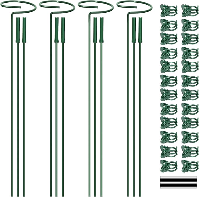 4.5mm Adjustable Length Plant Stake, Assembled (12 or 24 or 36 inch) Outdoor and Indoor Plant Support Poles for Flowers Marigolds Tomatoes Lilies Peonies Roses Daffodils Flower Clips (4Set,12Pcs)