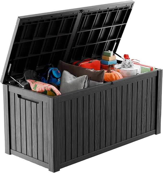 Vixzen 200 Gallon Resin Deck Box, Lockable Outdoor Storage Box for Patio Cushions Storage Furniture,Garden Tools, Pool Supplies, Weatherproof and UV Resistant（Black，200 Gallon）