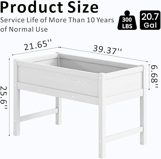 Raised Garden Bed Outdoor with Legs,HDPE Elevated Planter Box Rot-Resistant and Non-Cracking,Raised Beds for Gardening for Backyard, Patio, Balcony, 300lb Capacity White