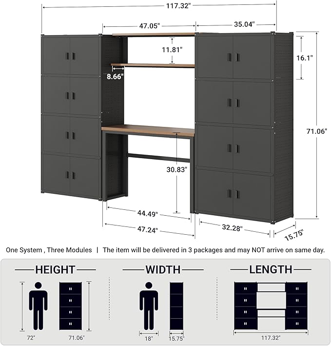 FLEXIMOUNTS Garage Storage Cabinet System, 3-in-1 Modular System with Integrated Workbench, Cabinets & Pegboard, 24-Gauge Steel, 117" L, 8-Door Cabinet for Garage Workshop, Black, FLEXIMOD Series