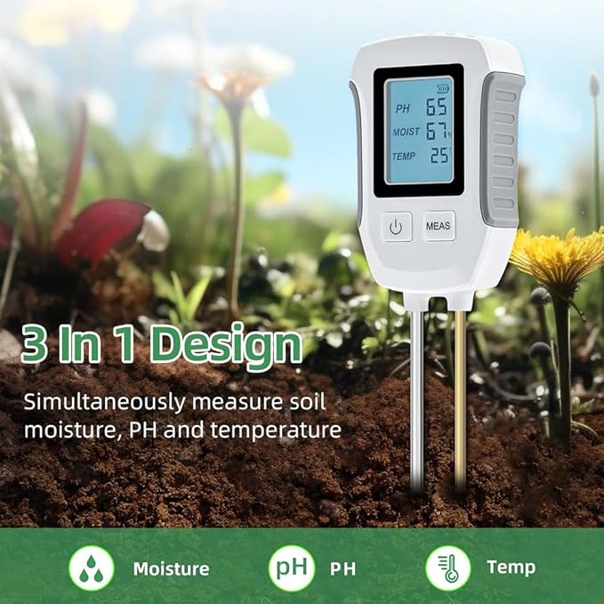 3 in 1 Soil Tester, Ph, Humidity and Temperature Measurement, Backlit Display, 10 Second Test Time, Suitable for Gardening, Lawn, Agriculture, Battery Not Included
