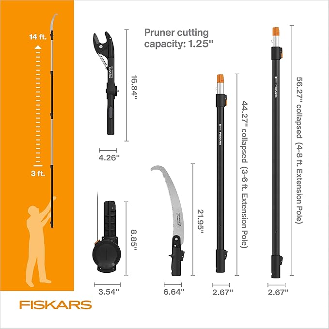 Fiskars XtendControl 14' Tree Pruner Kit, Complete Pruning and Sawing System with Fixed Pruner Head and 15" X2 Hook Bill Saw, Two Extension Poles, Lightweight Aluminum, Orange