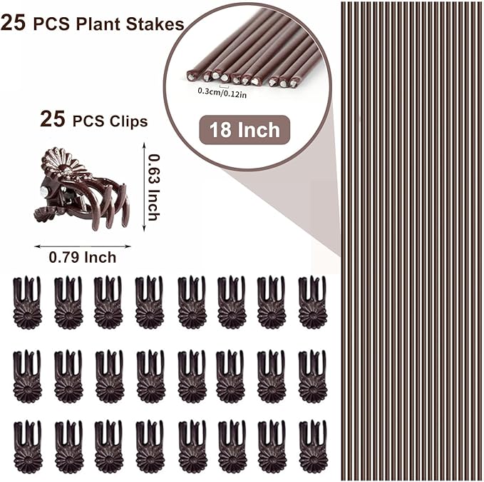 25PCS Plant Stakes for Indoor Plants, 18Inch Bendable Plant Support Stakes and 25PCS Plant Clips, Plant Sticks Support for Orchid, Flower, Potted Plants, Rose