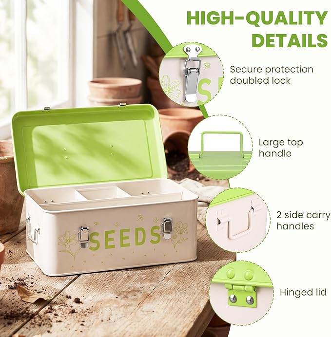 Seed Storage Organizer with Lid, Metal Seed Bin Seed Packet Container with 100 Plant Labels 50 Seed Envelopes 50 Plant Clips 1 Marker Pen, 4 Compartments Box with Locks (Fruit green)