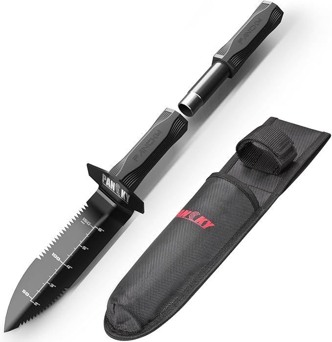 PANCKY Metal Detector Shovel with Extended Handle & Carrying Sheath, Heavy Duty Double Serrated Edge Metal Detecting Digging Tool, Digger Trowel for Gardening, Camping, Black