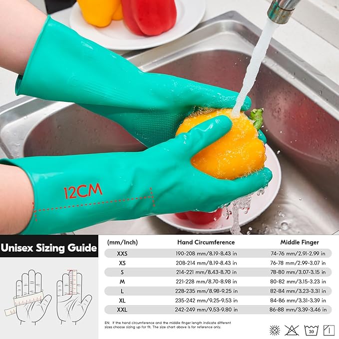 Vgo... 1-Pair Reusable Household Gloves, Rubber Dishwashing gloves, Extra Thickness, Long Sleeves, Kitchen Cleaning, Working, Painting, Gardening, Pet Care (Size L, Green, HH4601)