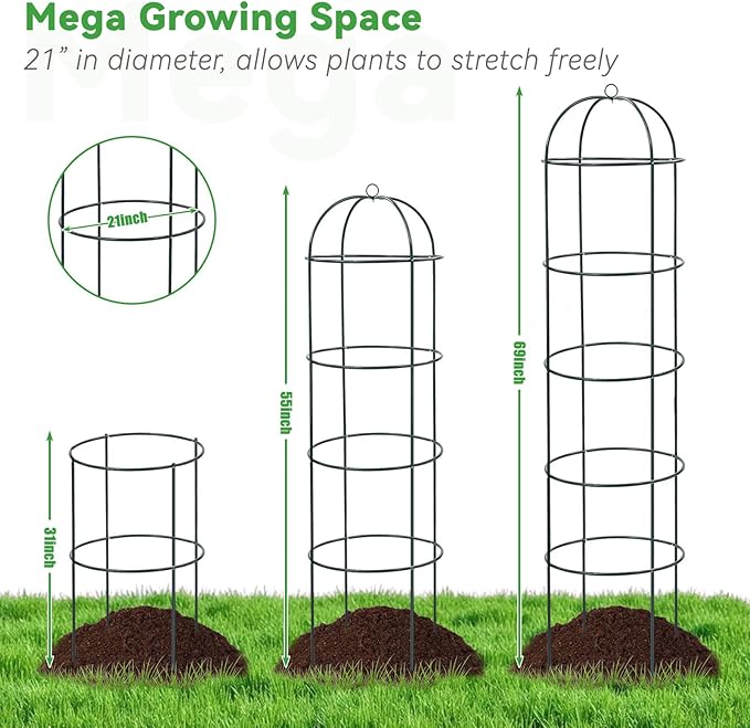 Large Trellis, Garden Obelisk Trellis for Climbing Plants Outdoor, 55” Metal Trellises for Tomato Cucumber Clematis Rose Vine Support, Heavy Duty Cage Stand Fit 25-Gallon Container Raised Bed