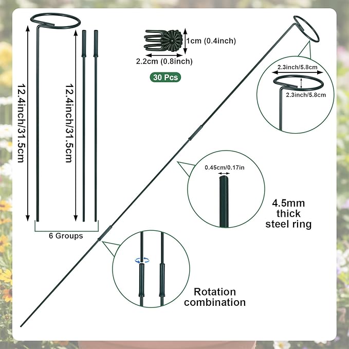 6pcs Plant Support Stakes Plant Stakes for Indoor 12/25/36 Inch Plants Sticks Support Adjustable Tall Plants Holder Sticks with 30 Clip for Peony Tomato Orchid Lily Flower