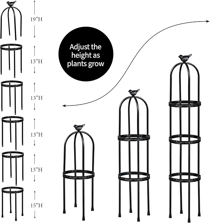 Evergreen Metal Garden Obelisk Trellis for Climbing Plants Outdoor Black | 7 Feet Adjustable | Indoor Plant Trellis for Potted Plants & Heavy Vines | Floral Pattern Arch Trellis
