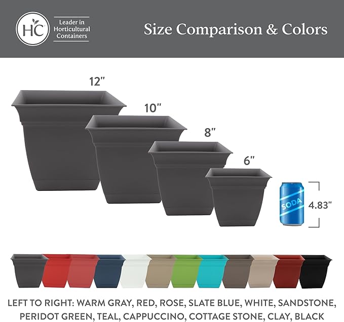 The HC Companies 6 Inch Eclipse Square Planter Pots with Drainage Holes & Attached Saucer, Lightweight UV-Resistant Plastic Indoor Outdoor Planters, 4-Pack Flower Pots, Garden Home Decor, Slate Blue