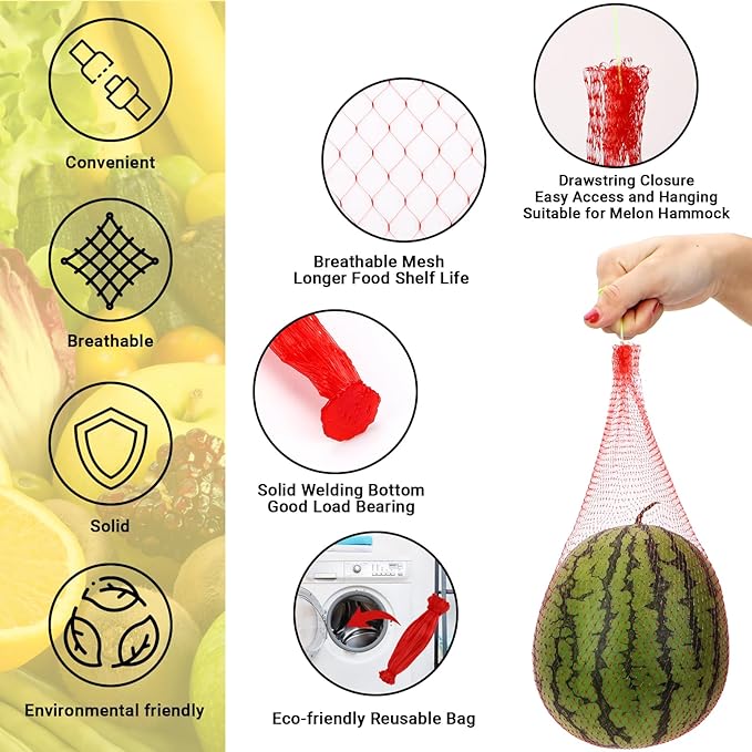 Reusable Produce Bags, 100 Pack Large Melon Hammock for Trellis Mesh Vegetable Bags Onions Fresh Bag Watermelon Nets Melon Cradle for Garden, Honeydew Melon, Cantaloupe, 17.7 inch