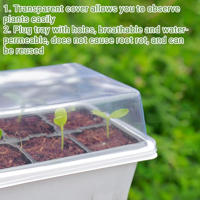 Seed Starter Tray, 12 Pack 144 Cells Thicken Seed Starter Kit Seed Starter with Humidity Dome Seed Starting Trays Plant Starter and Base Mini Greenhouse Germination Kit (White)