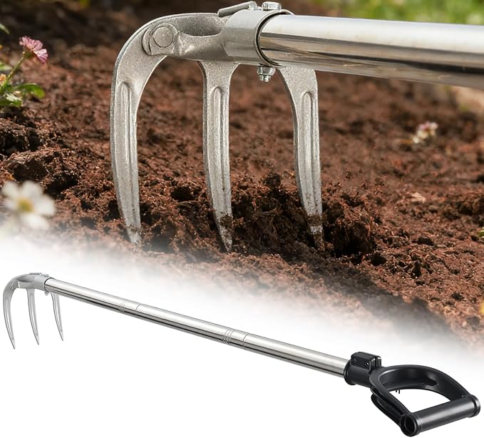 Long Handle Hand Rake Garden Tool, 62" Stand Up Weeding Rake with D-Grip, Heavy Duty 3-Tine Cultivator for Soil Loosening, Digging & Planting, Carbon Steel Tiller for Standing Weeding