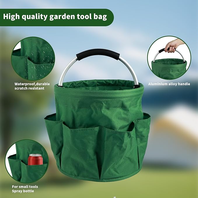 Gardening Storage Tote with Handle and 6 Pockets, Folding Garden Tool Basket, Storage Bag for Outdoor Picnic Organizer, 17L Cleaning Organizer, Bathroom Organizer, Garden Tool Kit Holder (Green)